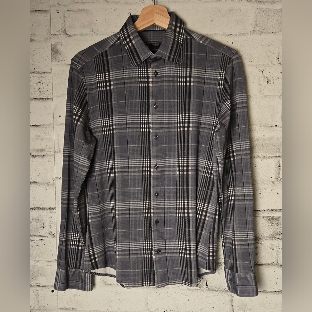 Hörst Men’s Plaid Dress Shirt M Gray Black 100% Cotton Modern Fit